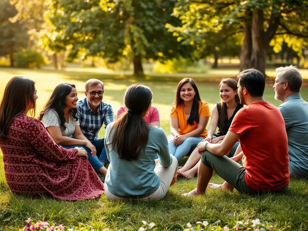 A group of community members participating in a local workshop or community gathering outdoors, representing LAB.ONG's solidarity and community projects.