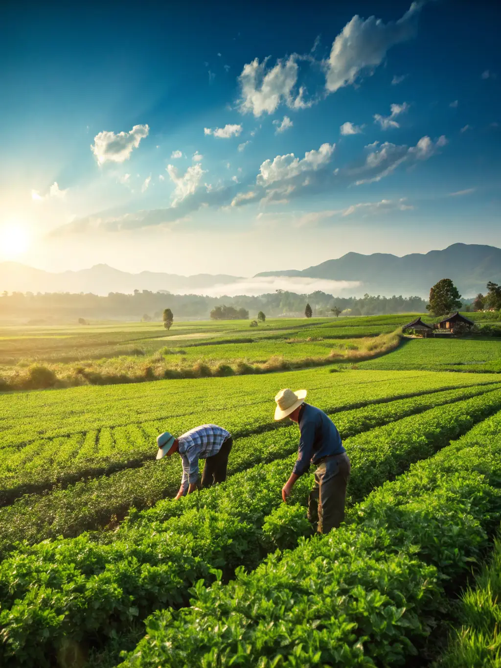 A vibrant image of farmers working in a community garden, showcasing sustainable agriculture practices in action, with diverse crops and smiling faces.