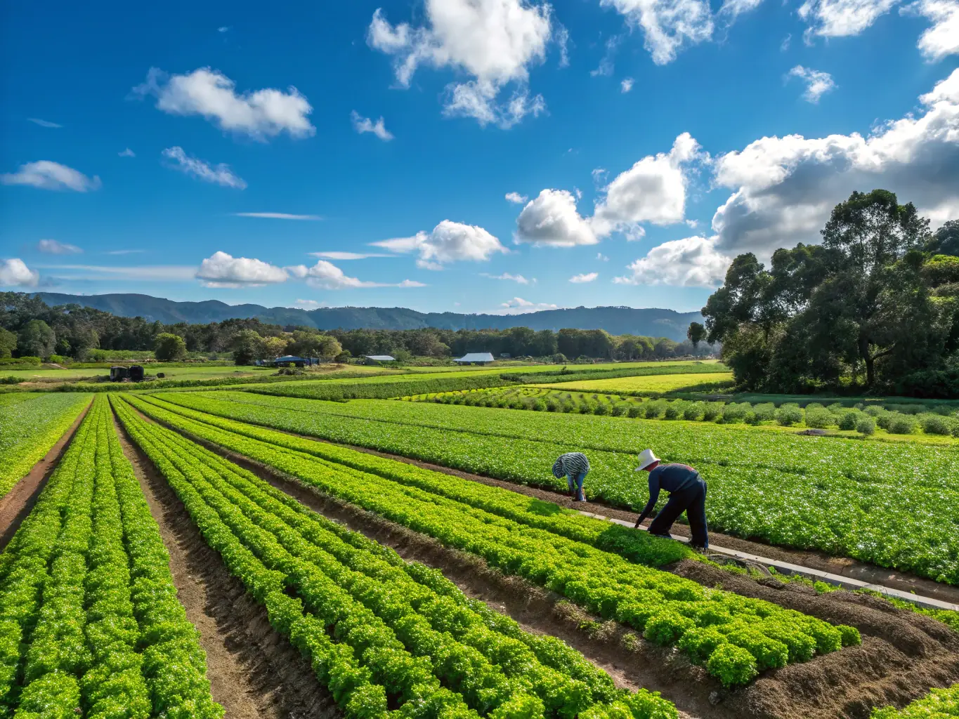 A vibrant image of farmers working in a lush, biodiverse farm with diverse crops and sustainable tools, showcasing LAB.ONG's sustainable agriculture programs.