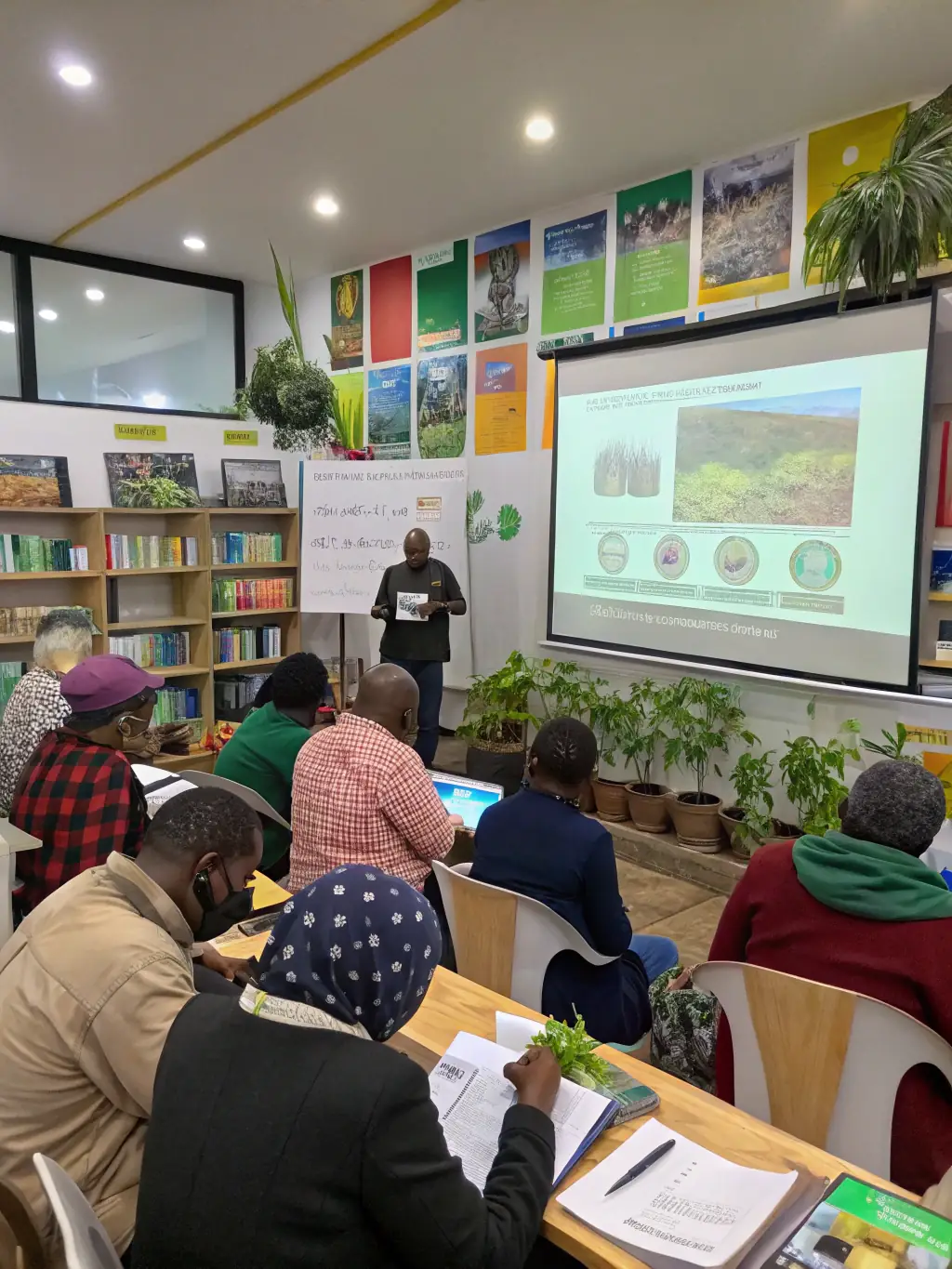 An image of a workshop where participants are learning about sustainable farming techniques, promoting knowledge sharing and capacity building.