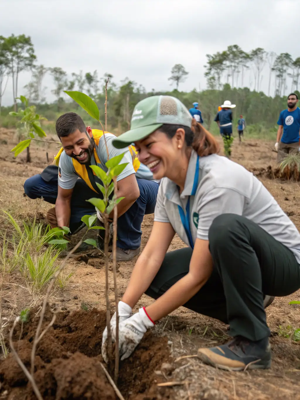 A group of volunteers participating in a tree-planting activity, contributing to reforestation efforts and combating climate change.
