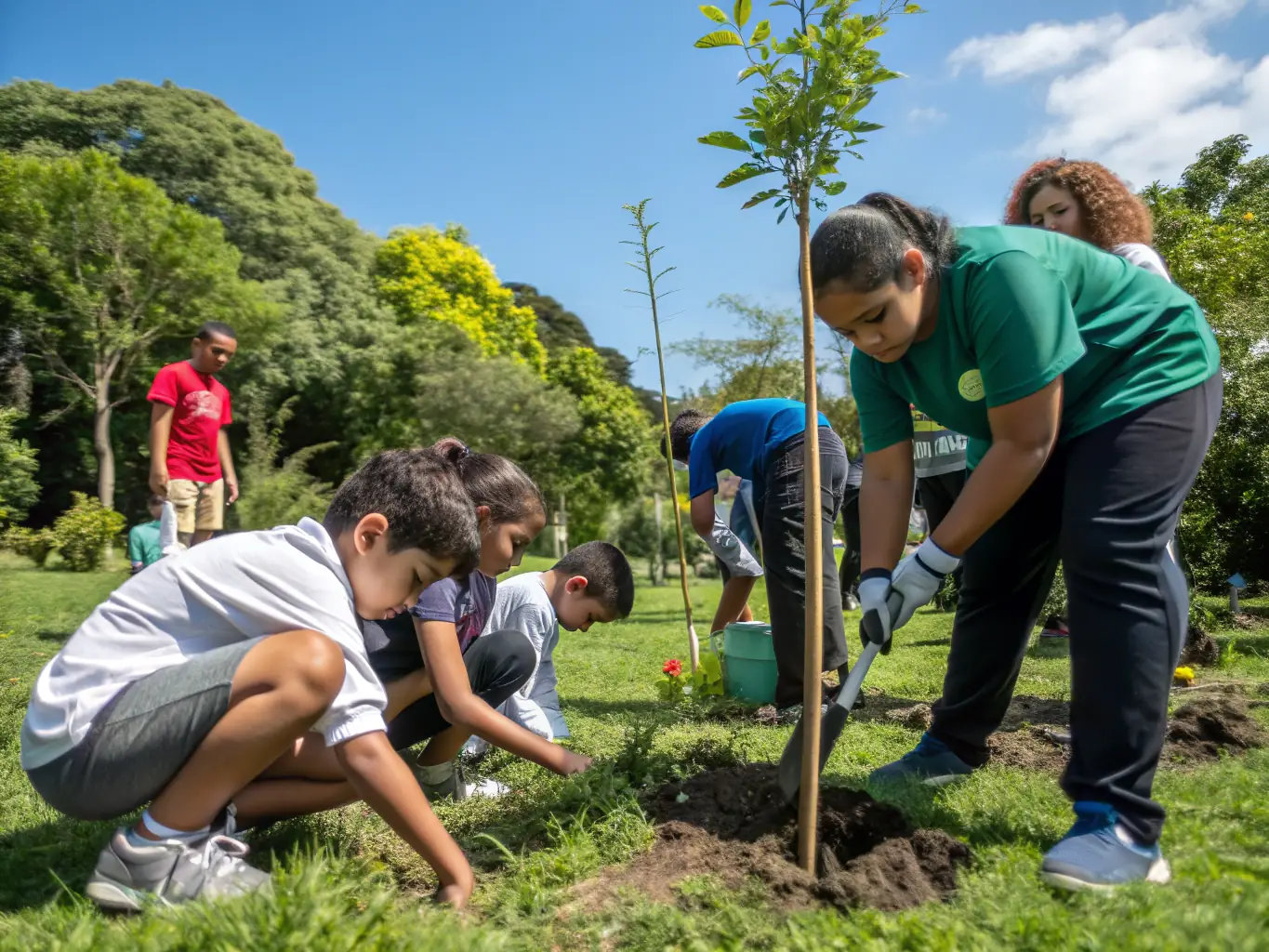 A diverse group of people planting trees in a community garden, symbolizing LAB.ONG's commitment to environmental sustainability and community engagement.