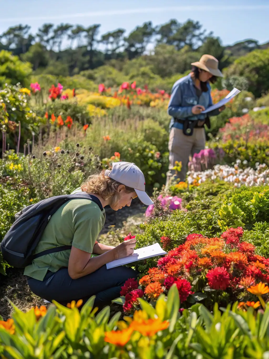 A photo of researchers collecting plant samples in a biodiverse field, emphasizing the importance of preserving genetic resources for future generations.